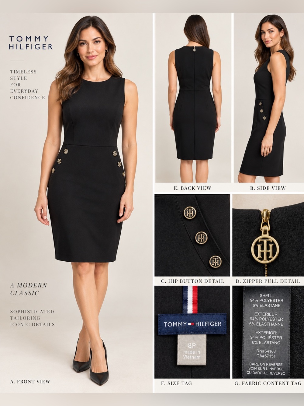 Tommy Hilfiger Black Sheath Dress Gold Button Detail Size 8P Petite